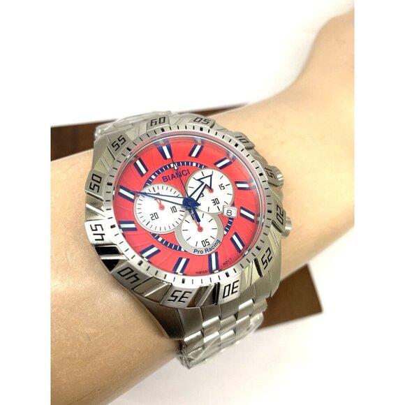 Roberto Bianci Men's Watch 7060M Red Dial Swiss Quartz Chronograph Steel 48mm - Picture 12 of 15